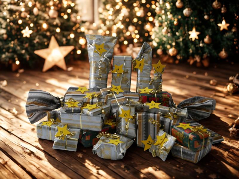 Bild einzelner Pakete mit den Zahlen von ein bis vierundzwanzig auf einem Holzboden in weihnachtlicher Kulisse